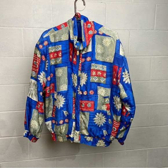 Vintage FUDA International Women's 100%‎ Silk Track Jacket LARGE Blue Red 80's - Picture 1 of 7